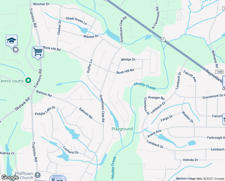 map of restaurants, bars, coffee shops, grocery stores, and more near 4261 Wedge Drive in Pfafftown