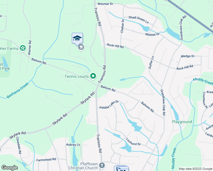 map of restaurants, bars, coffee shops, grocery stores, and more near 4871 Balsom Road in Pfafftown