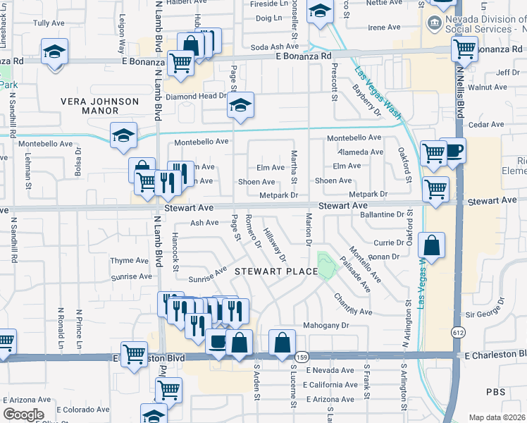 map of restaurants, bars, coffee shops, grocery stores, and more near 4621 Metpark Drive in Las Vegas