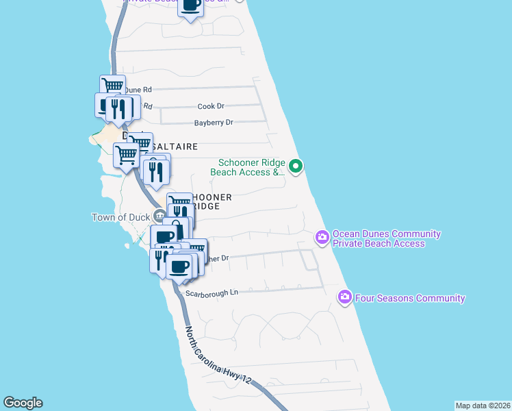 map of restaurants, bars, coffee shops, grocery stores, and more near 139 Schooner Ridge in Kitty Hawk