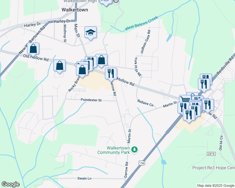 map of restaurants, bars, coffee shops, grocery stores, and more near 2820 Darrow Road in Walkertown