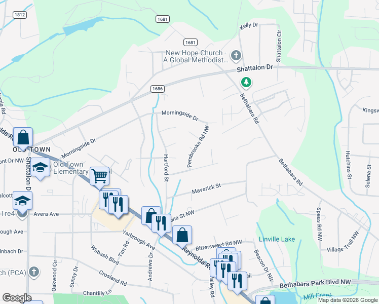 map of restaurants, bars, coffee shops, grocery stores, and more near 3836 Pembrooke Road Northwest in Winston-Salem