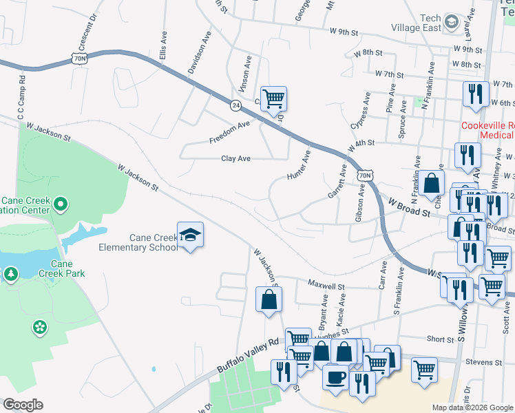 map of restaurants, bars, coffee shops, grocery stores, and more near 171 Hunter Avenue in Cookeville