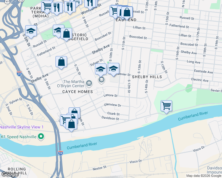 map of restaurants, bars, coffee shops, grocery stores, and more near 1003 Dew Street in Nashville