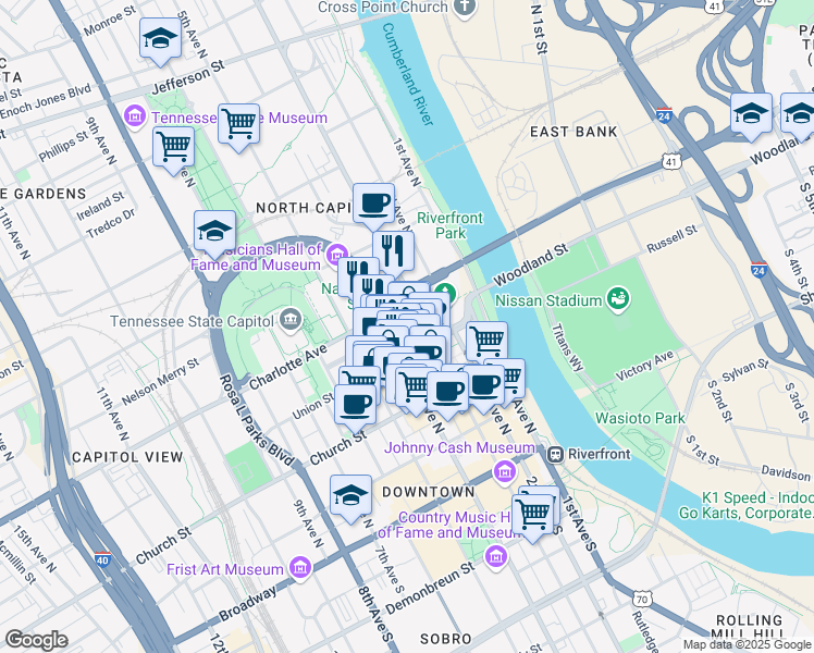 map of restaurants, bars, coffee shops, grocery stores, and more near 315 Deaderick Street in Nashville