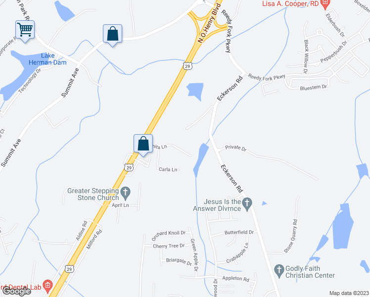 map of restaurants, bars, coffee shops, grocery stores, and more near 3719 Anita Lane in Greensboro