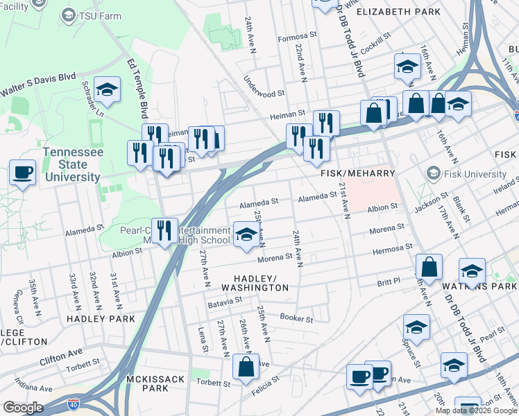 map of restaurants, bars, coffee shops, grocery stores, and more near 2418 Alameda Street in Nashville