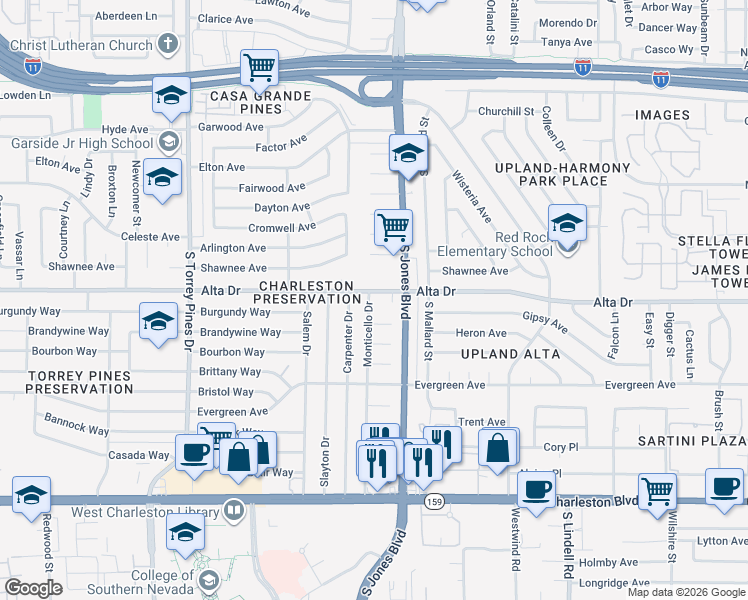map of restaurants, bars, coffee shops, grocery stores, and more near 6112 Alta Drive in Las Vegas