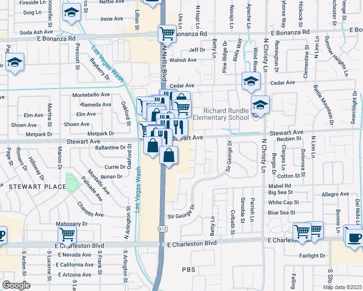 map of restaurants, bars, coffee shops, grocery stores, and more near 350 North Nellis Boulevard in Las Vegas