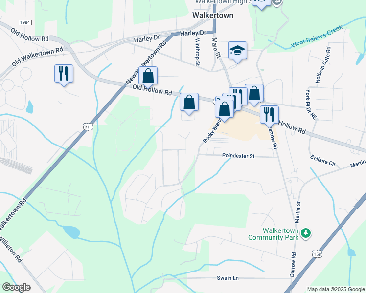 map of restaurants, bars, coffee shops, grocery stores, and more near 3855 Kilberry Court in Walkertown