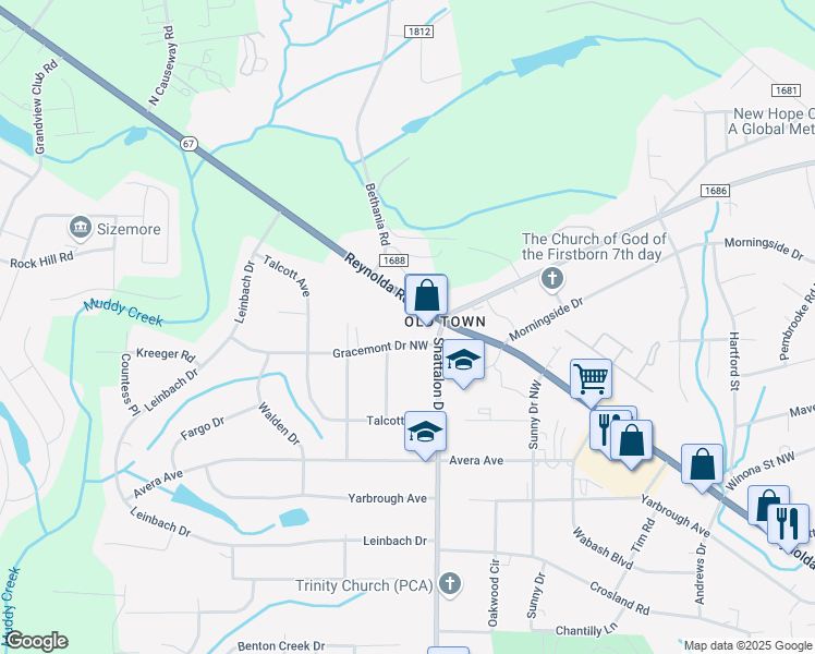 map of restaurants, bars, coffee shops, grocery stores, and more near 3913 Gracemont Drive Northwest in Winston-Salem