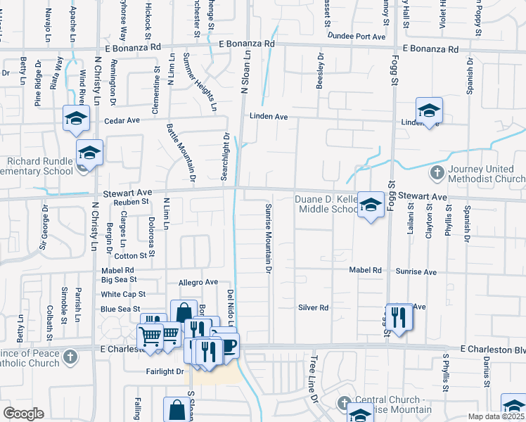 map of restaurants, bars, coffee shops, grocery stores, and more near 355 Sunrise Mountain Drive in Las Vegas