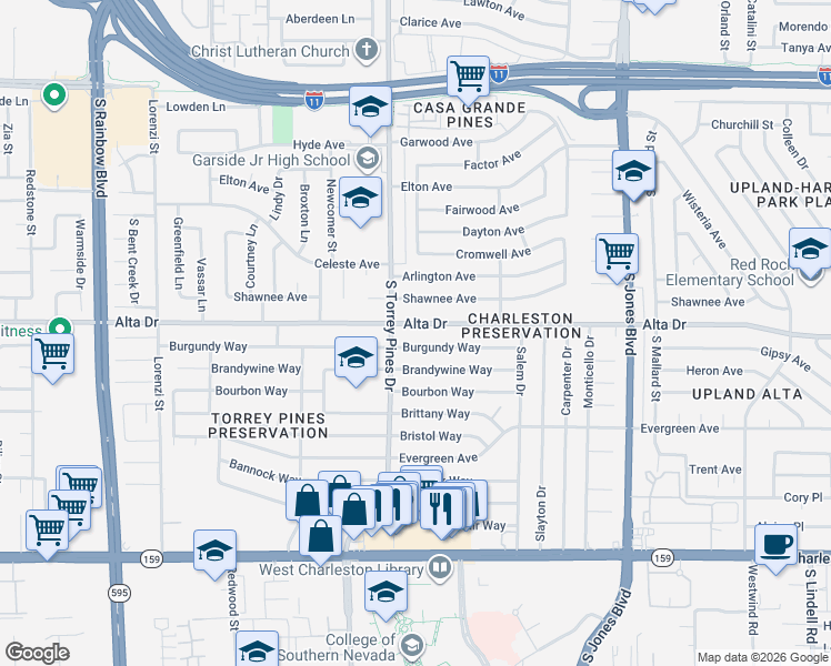 map of restaurants, bars, coffee shops, grocery stores, and more near 6320 Alta Drive in Las Vegas