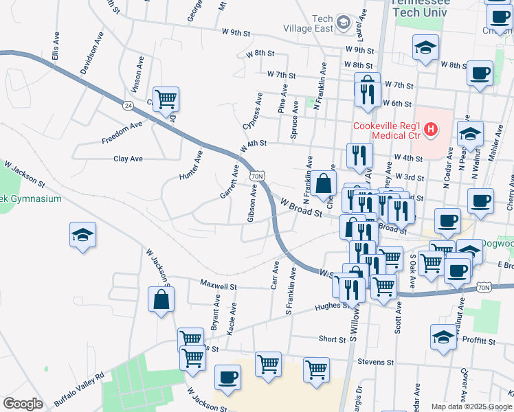 map of restaurants, bars, coffee shops, grocery stores, and more near 36 Gibson Avenue in Cookeville