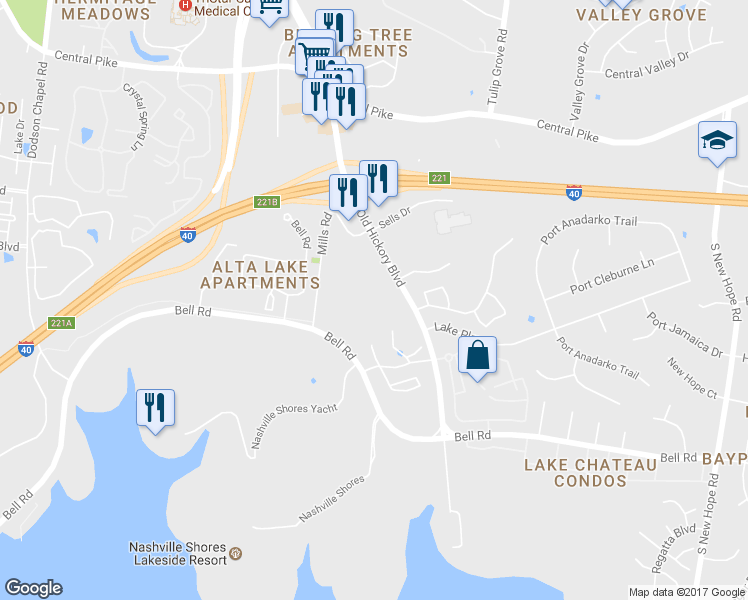 map of restaurants, bars, coffee shops, grocery stores, and more near 5901 Old Hickory Boulevard in Nashville