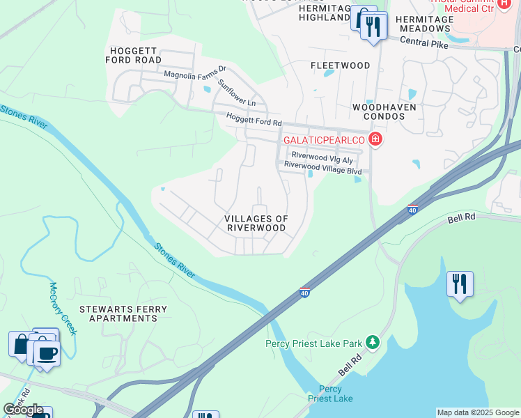 map of restaurants, bars, coffee shops, grocery stores, and more near 2524 River Trail Drive in Nashville