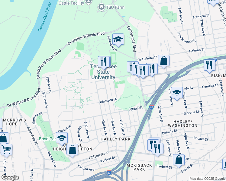 map of restaurants, bars, coffee shops, grocery stores, and more near 1039 31st Avenue North in Nashville
