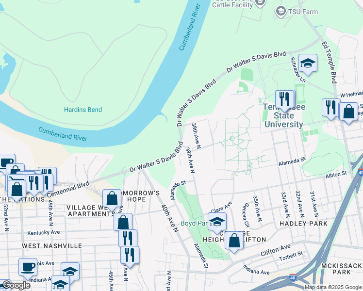 map of restaurants, bars, coffee shops, grocery stores, and more near 3835 Doctor Walter S Davis Boulevard in Nashville