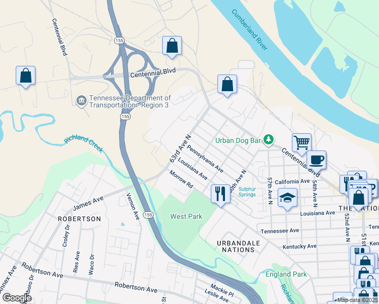map of restaurants, bars, coffee shops, grocery stores, and more near 6210 Pennsylvania Avenue in Nashville