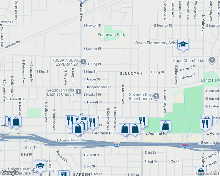 map of restaurants, bars, coffee shops, grocery stores, and more near 806 North Louisville Avenue in Tulsa