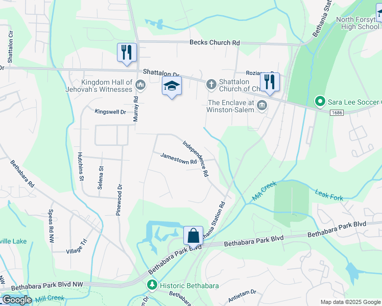 map of restaurants, bars, coffee shops, grocery stores, and more near 2120 Independence Road in Winston-Salem