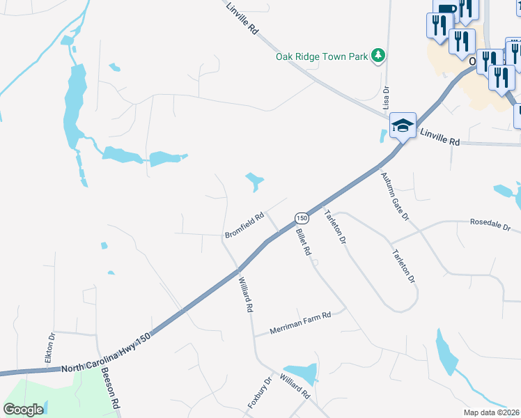 map of restaurants, bars, coffee shops, grocery stores, and more near 8600 Bromfield Road in Oak Ridge