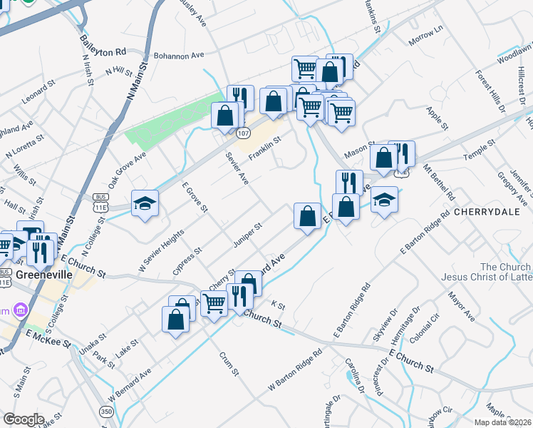 map of restaurants, bars, coffee shops, grocery stores, and more near 400 Sevier Avenue in Greeneville