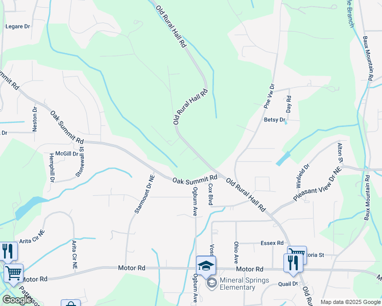 map of restaurants, bars, coffee shops, grocery stores, and more near 5358 Old Rural Hall Road in Winston-Salem