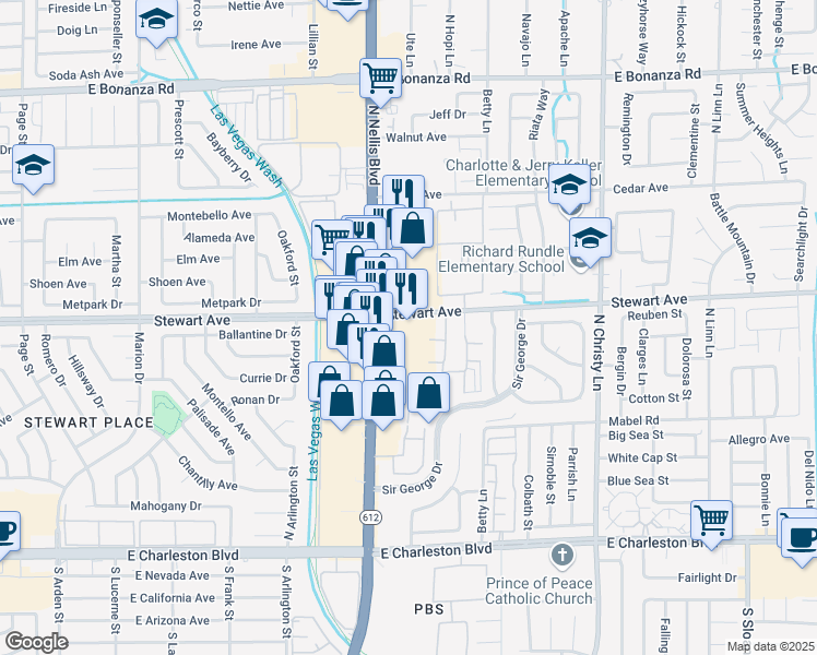 map of restaurants, bars, coffee shops, grocery stores, and more near 350 North Nellis Boulevard in Las Vegas