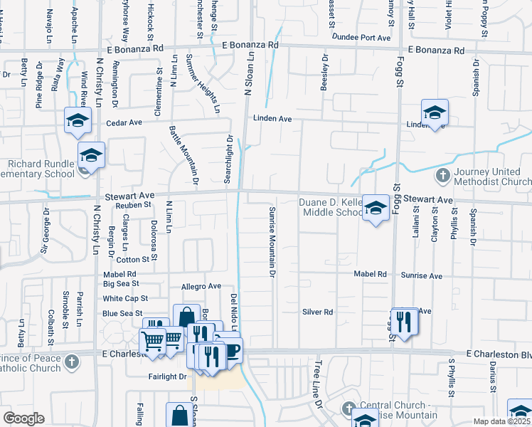 map of restaurants, bars, coffee shops, grocery stores, and more near 355 Sunrise Mountain Drive in Las Vegas