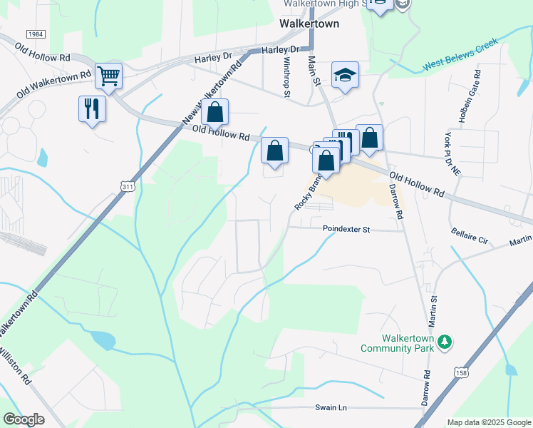 map of restaurants, bars, coffee shops, grocery stores, and more near 3855 Kilberry Court in Walkertown