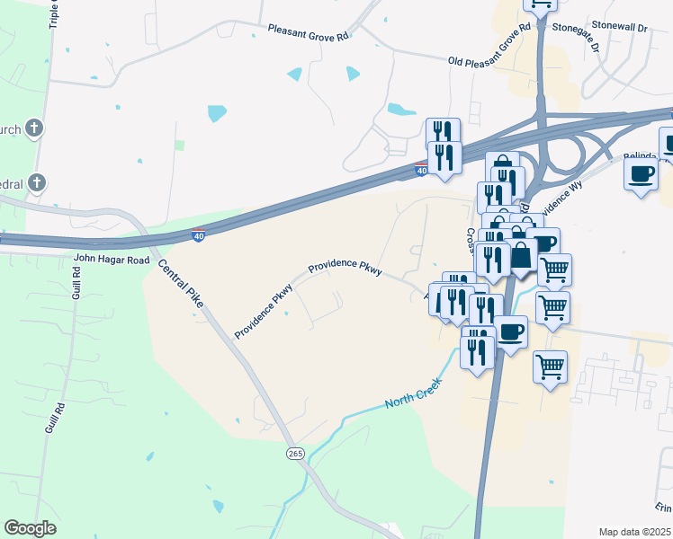 map of restaurants, bars, coffee shops, grocery stores, and more near 630 Providence Parkway in Mt. Juliet