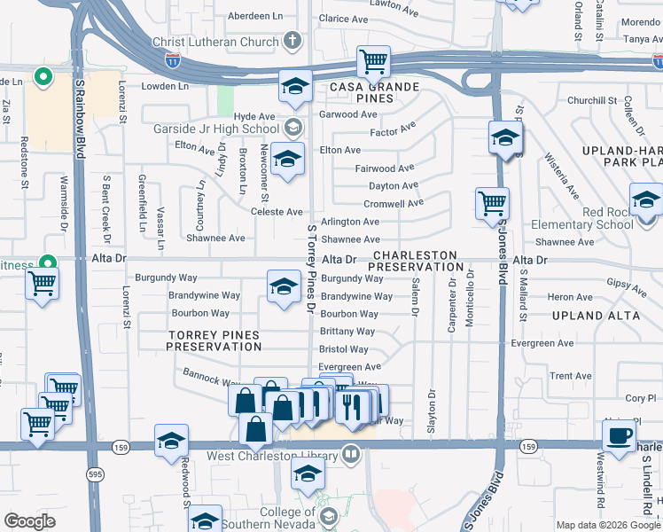 map of restaurants, bars, coffee shops, grocery stores, and more near 6320 Alta Drive in Las Vegas