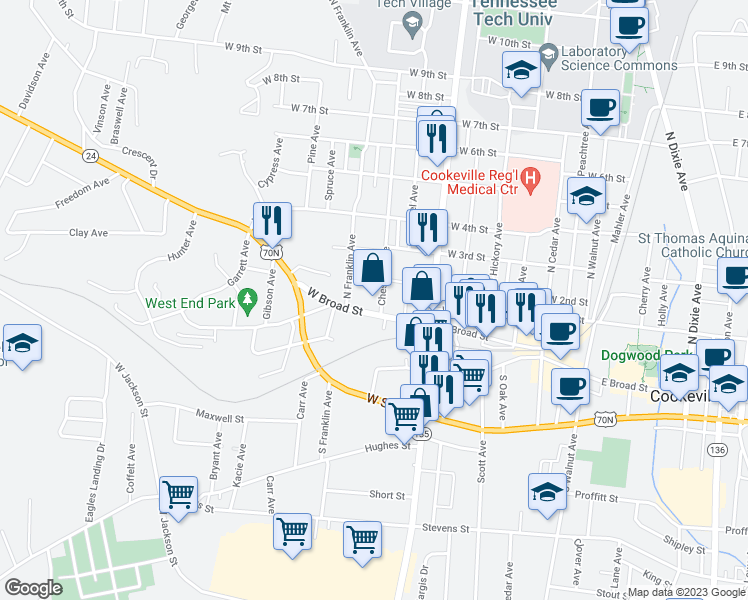 map of restaurants, bars, coffee shops, grocery stores, and more near 403 West Broad Street in Cookeville