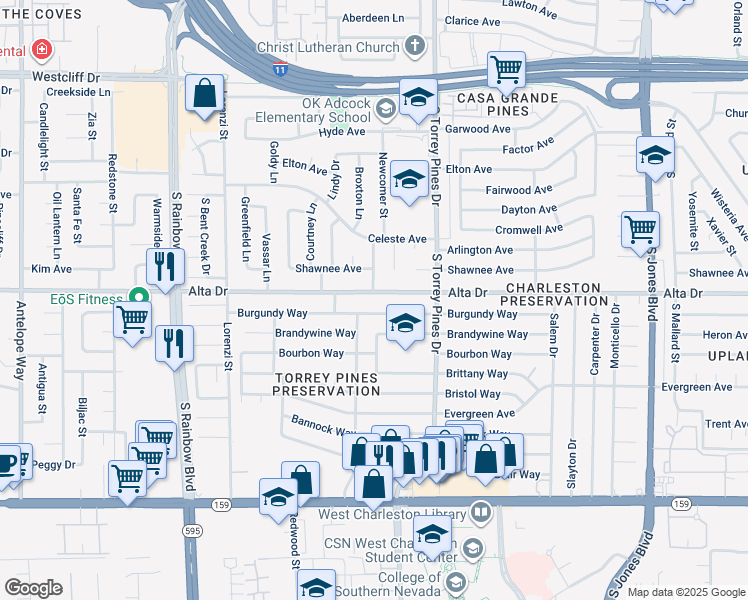 map of restaurants, bars, coffee shops, grocery stores, and more near 6449 Alta Drive in Las Vegas