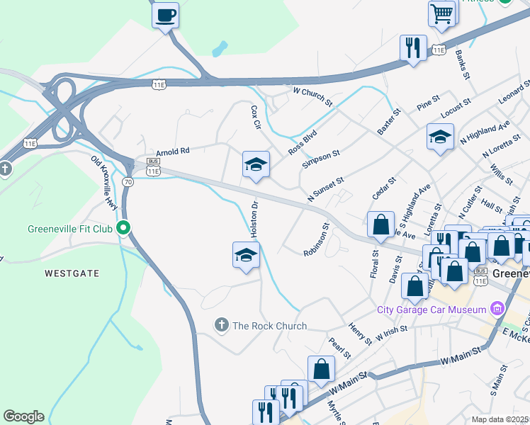 map of restaurants, bars, coffee shops, grocery stores, and more near 401 Holston Drive in Greeneville