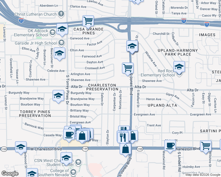 map of restaurants, bars, coffee shops, grocery stores, and more near 501 Slayton Drive in Las Vegas