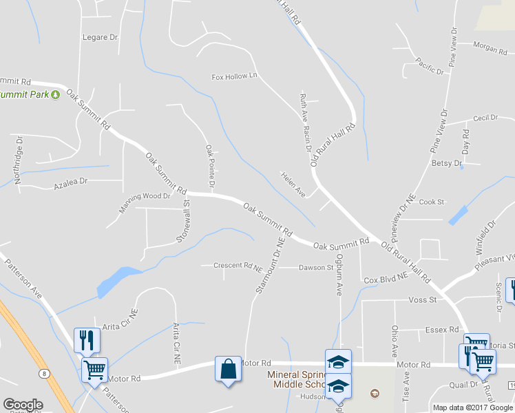 map of restaurants, bars, coffee shops, grocery stores, and more near 635 Oak Summit Road in Winston-Salem