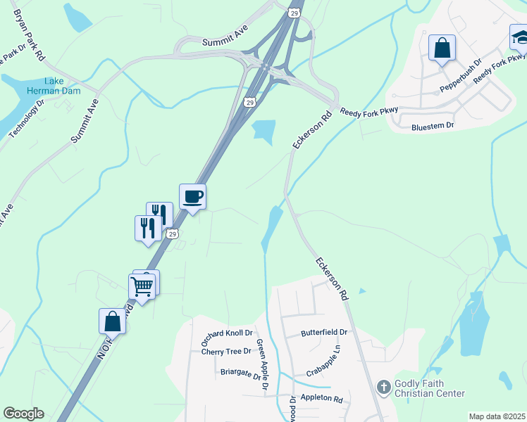 map of restaurants, bars, coffee shops, grocery stores, and more near 3725 Anita Lane in Greensboro