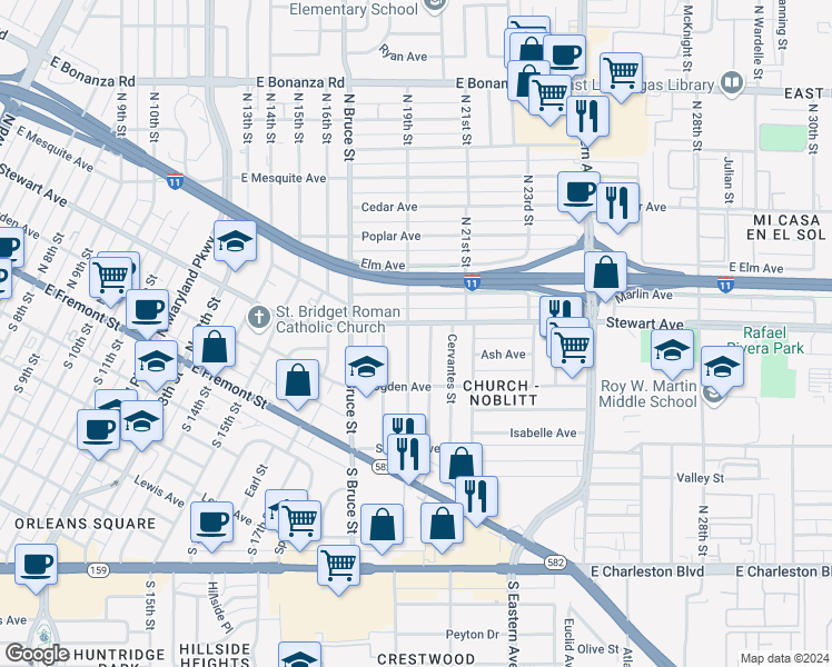 map of restaurants, bars, coffee shops, grocery stores, and more near 244 North 19th Street in Las Vegas