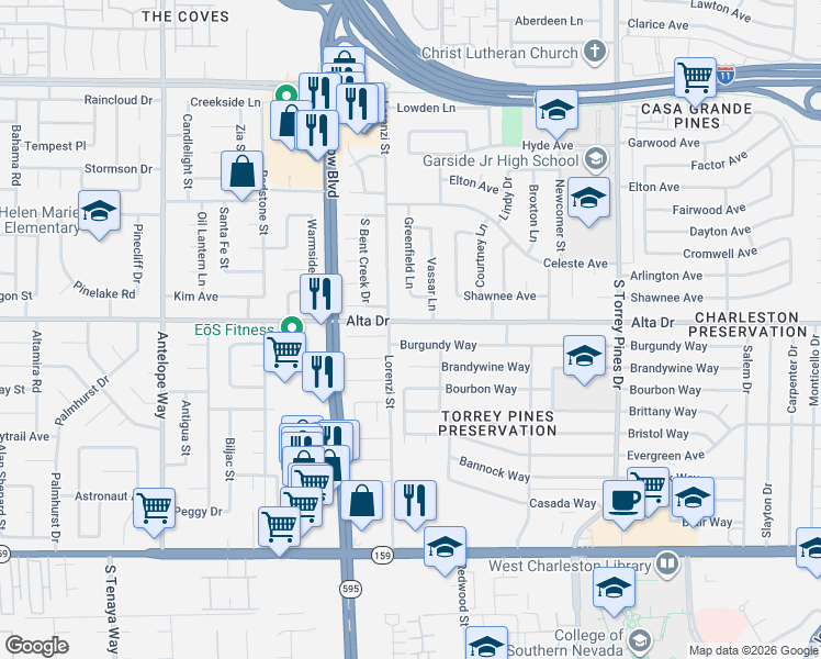 map of restaurants, bars, coffee shops, grocery stores, and more near 6600 Alta Drive in Las Vegas
