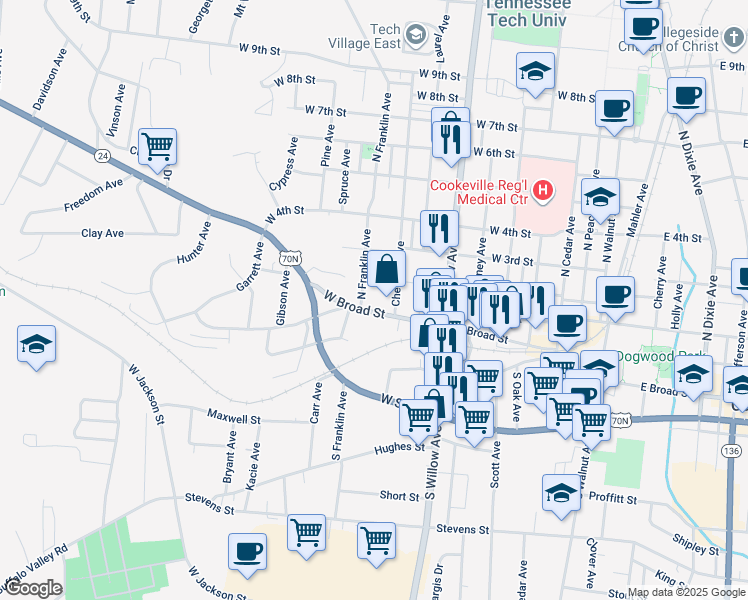 map of restaurants, bars, coffee shops, grocery stores, and more near 112 A Chestnut Avenue in Cookeville