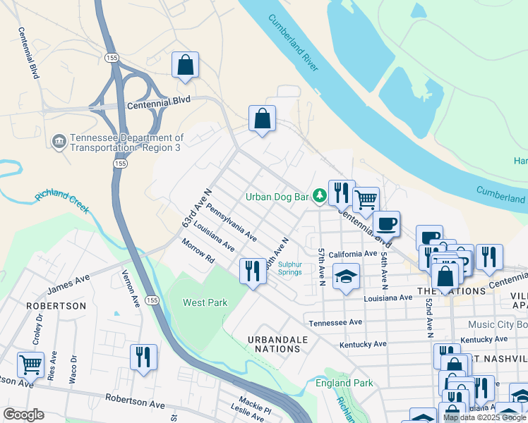 map of restaurants, bars, coffee shops, grocery stores, and more near 6105C New York Avenue in Nashville