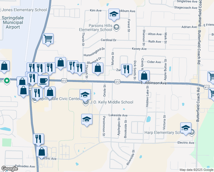 map of restaurants, bars, coffee shops, grocery stores, and more near 1905 County Road 1083 in Springdale
