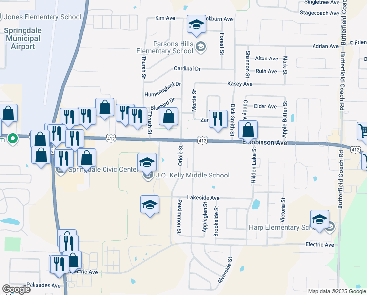 map of restaurants, bars, coffee shops, grocery stores, and more near 1905 County Road 1083 in Springdale