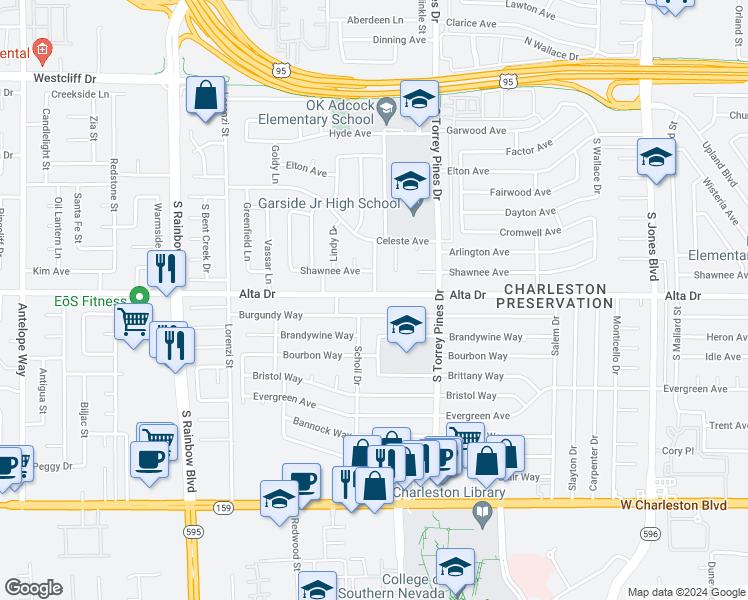 map of restaurants, bars, coffee shops, grocery stores, and more near 6449 Alta Drive in Las Vegas