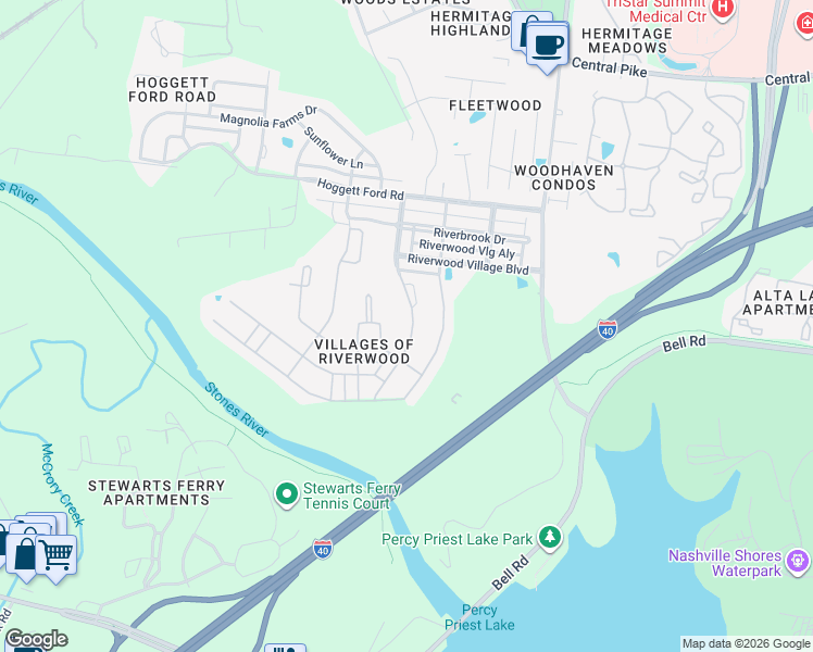 map of restaurants, bars, coffee shops, grocery stores, and more near 1232 Riverbirch Way in Nashville