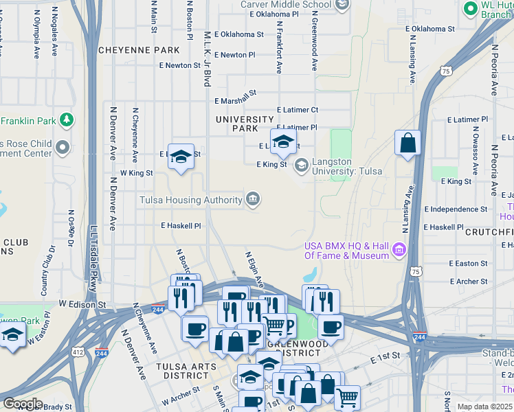 map of restaurants, bars, coffee shops, grocery stores, and more near 415 East Independence Street in Tulsa