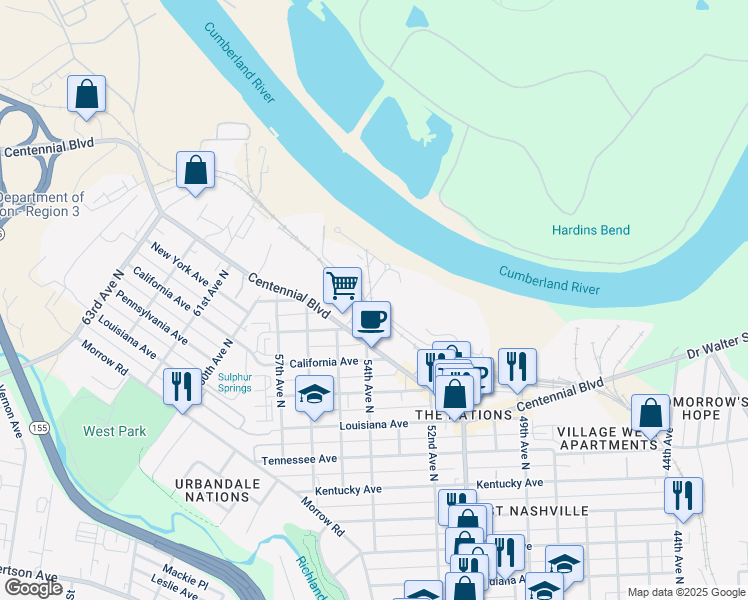 map of restaurants, bars, coffee shops, grocery stores, and more near 1638 54th Avenue North in Nashville