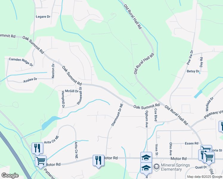 map of restaurants, bars, coffee shops, grocery stores, and more near 635 Oak Summit Road in Winston-Salem